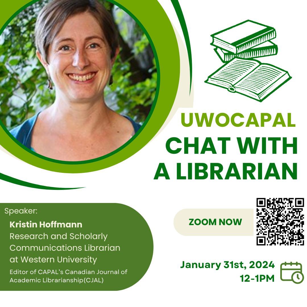 UWOCAPAL's tweet photo. Join us for the Chat with a Librarian to learn more about academic librarianship and scholarly communications with our research and scholarly communications librarian Kristin Hoffmann on the 31st of January, from 12-1pm via Zoom!🎓📚📝 https://t.co/gBogq3NPlR
