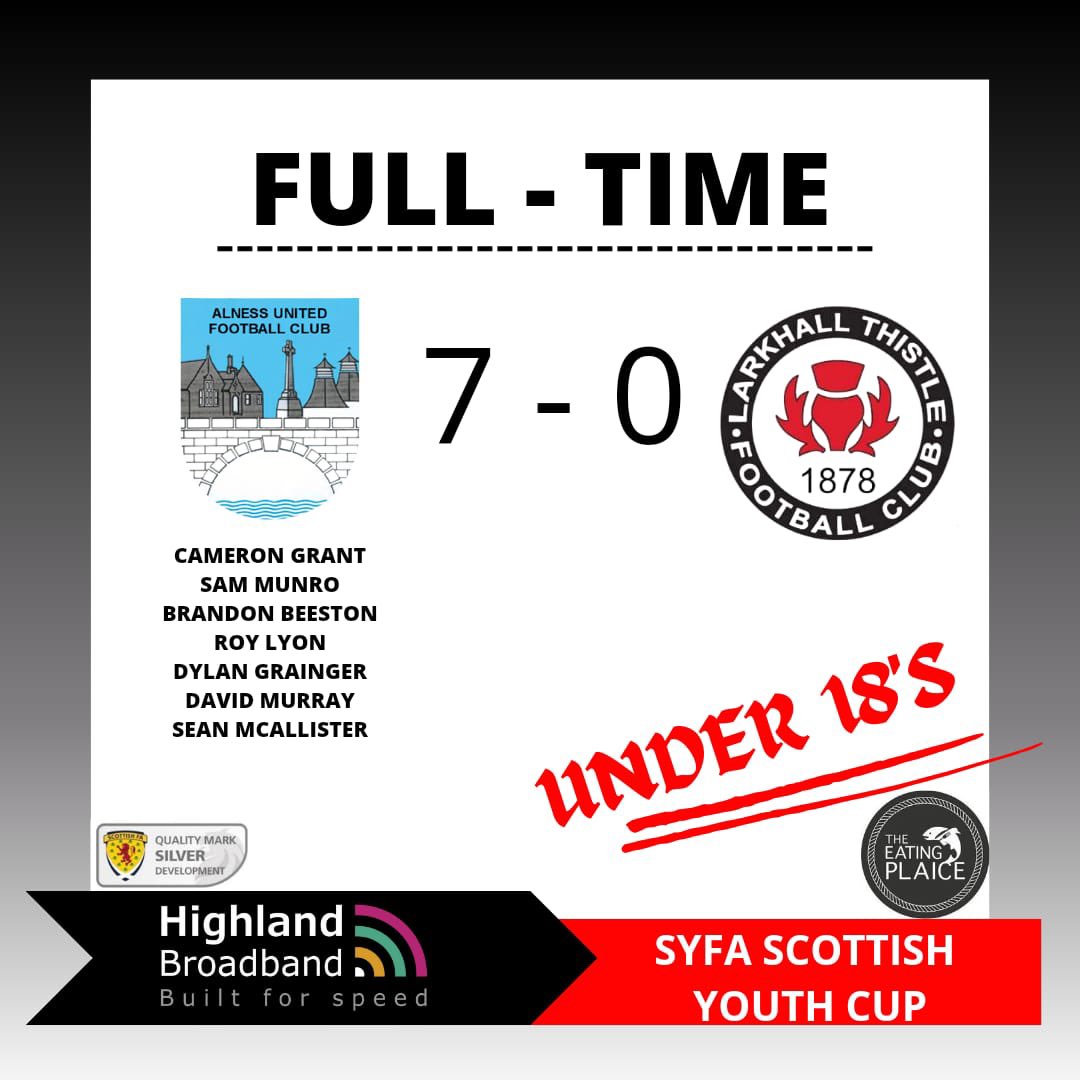 AlnessUnitedFC's tweet photo. The under 18s hosted Glasgow side Larkhall Thistle in the SYFA Scottish Cup today. It was a superb team performance that should have led to more than a one goal half time lead. The boys stepped it up a gear and scored some spectacular goals on their way to the 7 nil win. https://t.co/J3wmbTVhaN