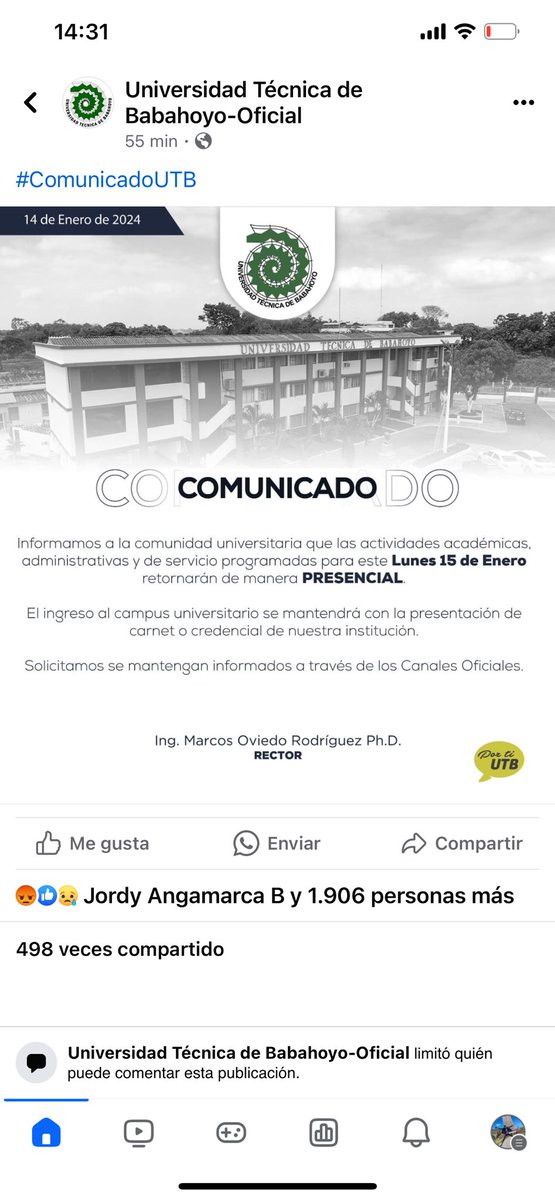 informativolu's tweet photo. 🔴 A pesar de la disposición de la @EduSuperiorEc, la #UTB anunció esta tarde que, “ las actividades académicas, administrativas y de servicios programadas para este lunes 15 de enero, retomaran de manera PRESENCIAL”. 

▶️
@achanguin @DanielNoboaOk 
https://t.co/mp45ep6N69 https://t.co/suGWvJUjrI