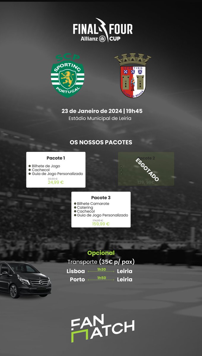 Queres ir a Leiria ver a meia-final da Final Four? 

A FanMatch tem experiências incríveis e para todos os gostos! Desde bilhetes normais, bilhetes de camarote e tem, inclusive, transporte ida e volta desde Lisboa ou Porto!

Não percas 😉👇🏼

fanmatch.pt