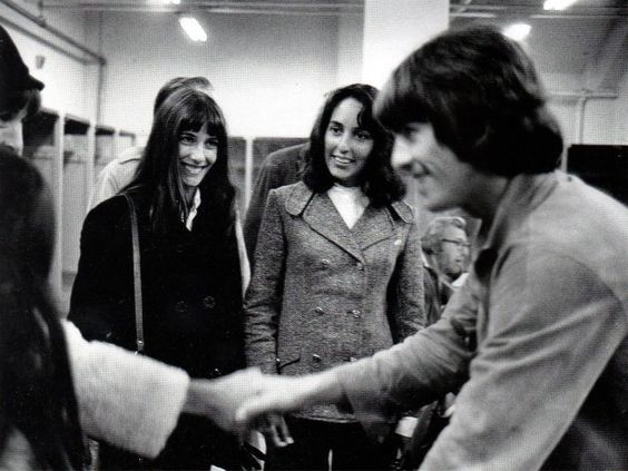 George Harrison with Joan Baez and Mimi Fariña backstage at Candlestick Park 1966 The #Beatles