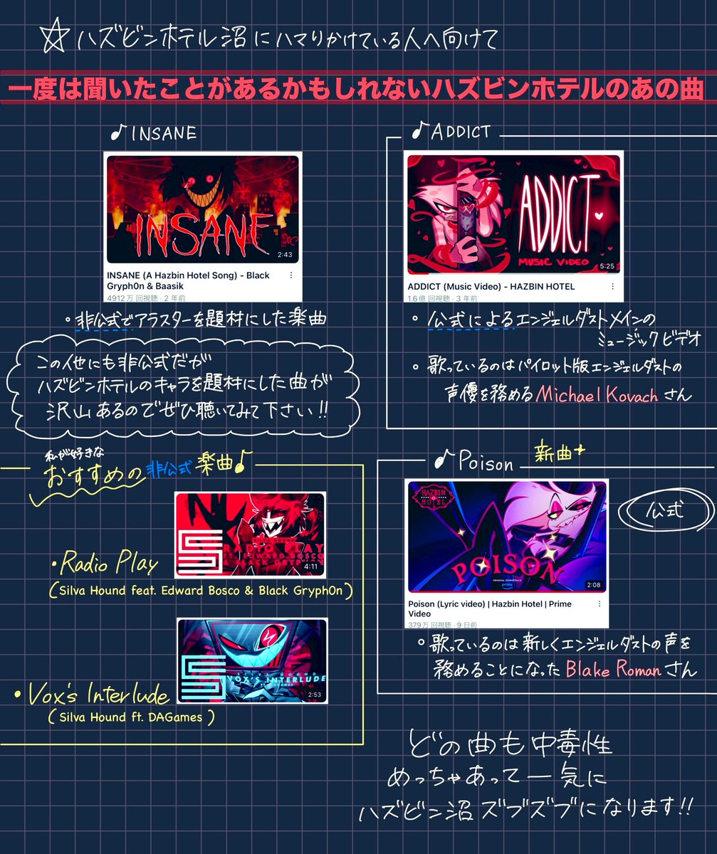 ZYuanaren61676's tweet photo. 【1月19日から見れるハズビンホテルをこれから見る・知る人たちへ向けて】これから見る人の役にちょっとでも立てればいいなって思います！

もし間違った情報を書いてたら申し訳ない…

ハズビンホテルの世界を知って楽しんでくれる人が増えますように☺️
#HazbinHotel 
#ハズビンホテル https://t.co/yhmFqD93nZ