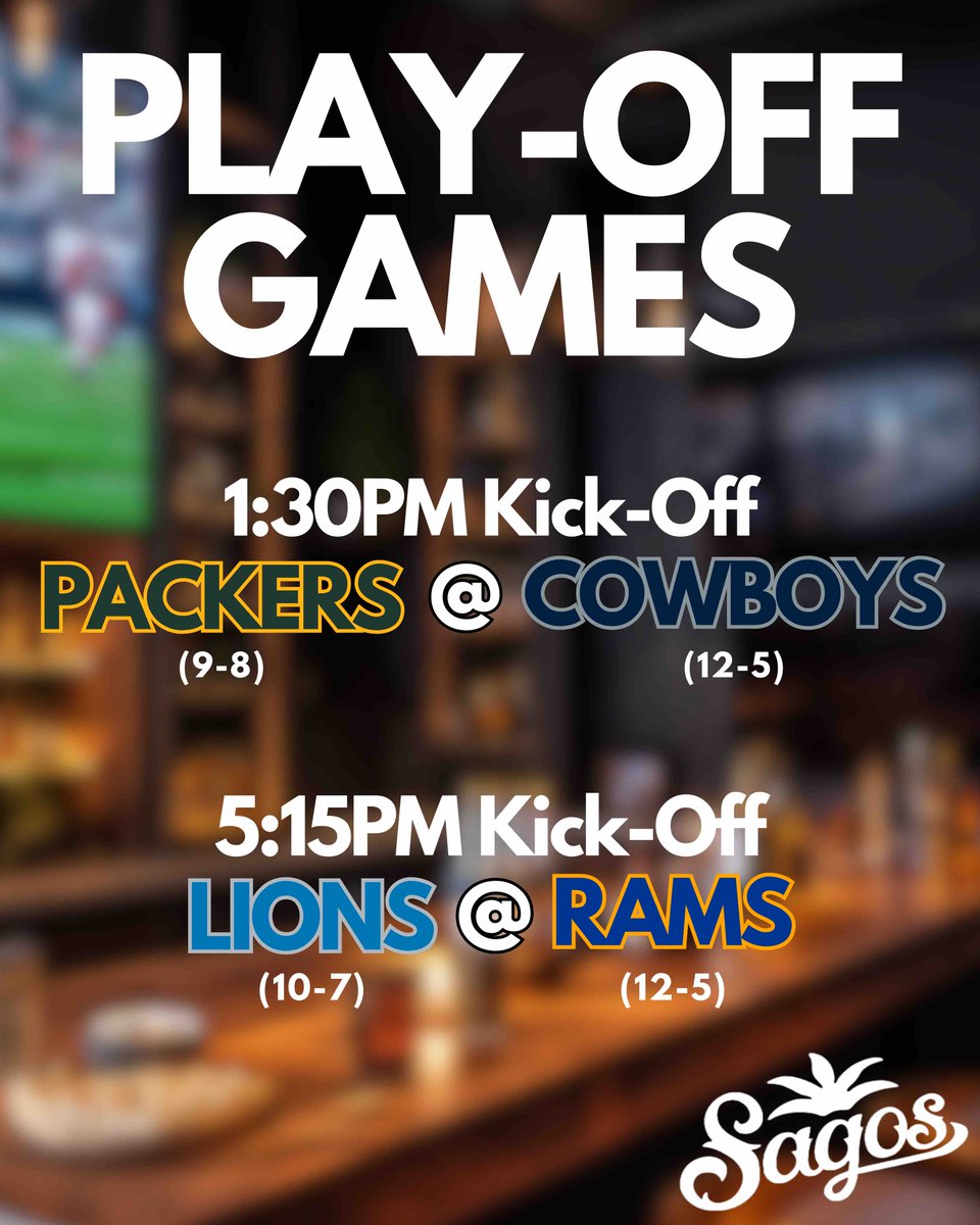 sagosbar's tweet photo. It’s Play-Offs season! We have two kick-off times today, 1:30PM &amp; 5:15PM. 🏈🍻🏆
.
.
.
.
.
#NFL #NFLnews #Playoffs #FantasyFootball #SundayNightFootball https://t.co/56v1qiUSKk
