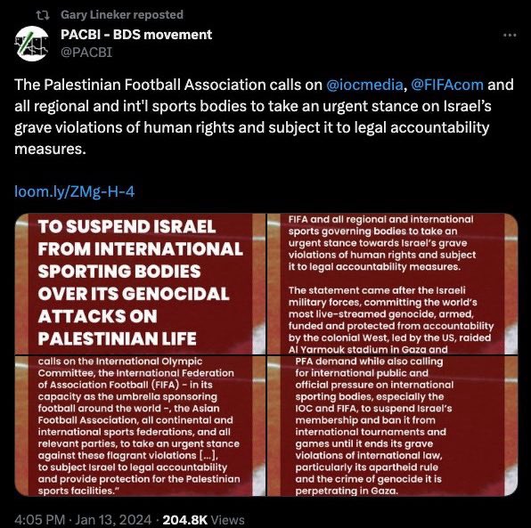 On the 100th day since the atrocities by Hamas, Gary Lineker still didn’t have time to mention or condemn it but found the energy to RT a call for a football ban for Israel.

This from the same guy who took money from Qatar despite their human rights issues. BBC needs to bin him.