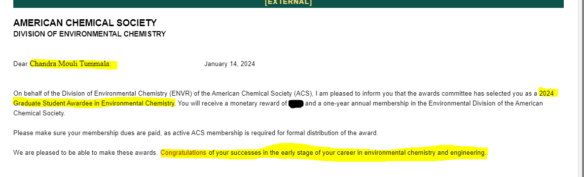 CM_Tummala's tweet photo. Hello Everyone,
I am thrilled to announce that I have been selected as a #2024GraduateStudentAwardee in #EnvironmentalChemistry by the Division of Environmental Chemistry of the American Chemical Society.
#acs #environmental #chemistry https://t.co/oQRP0Tgo0b