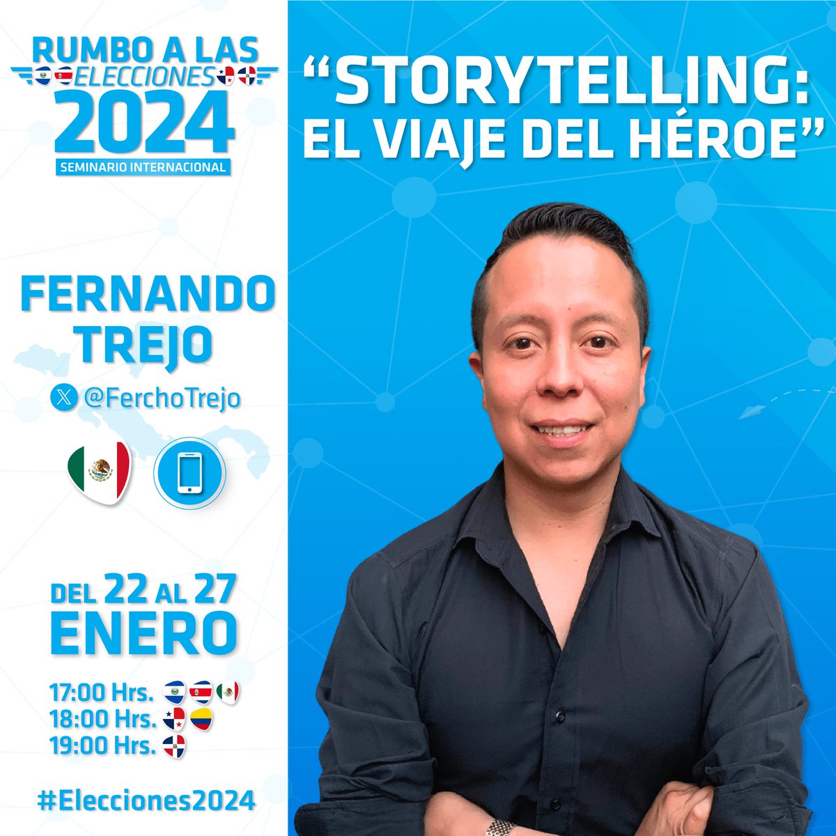 <a href="/FerchoTrejo/">Fercho Trejo Lugo</a> estará en la IX Edición del Rumbo a las #Elecciones2024 Centroamérica 🇸🇻🇨🇷🇵🇦🇩🇴

✅ Tema: "Storytelling: El viaje del Héroe".

🆓 Evento de acceso libre.

📲 Para más información, escríbenos:
bit.ly/RumboCentroamé…

#CampañaPolítica