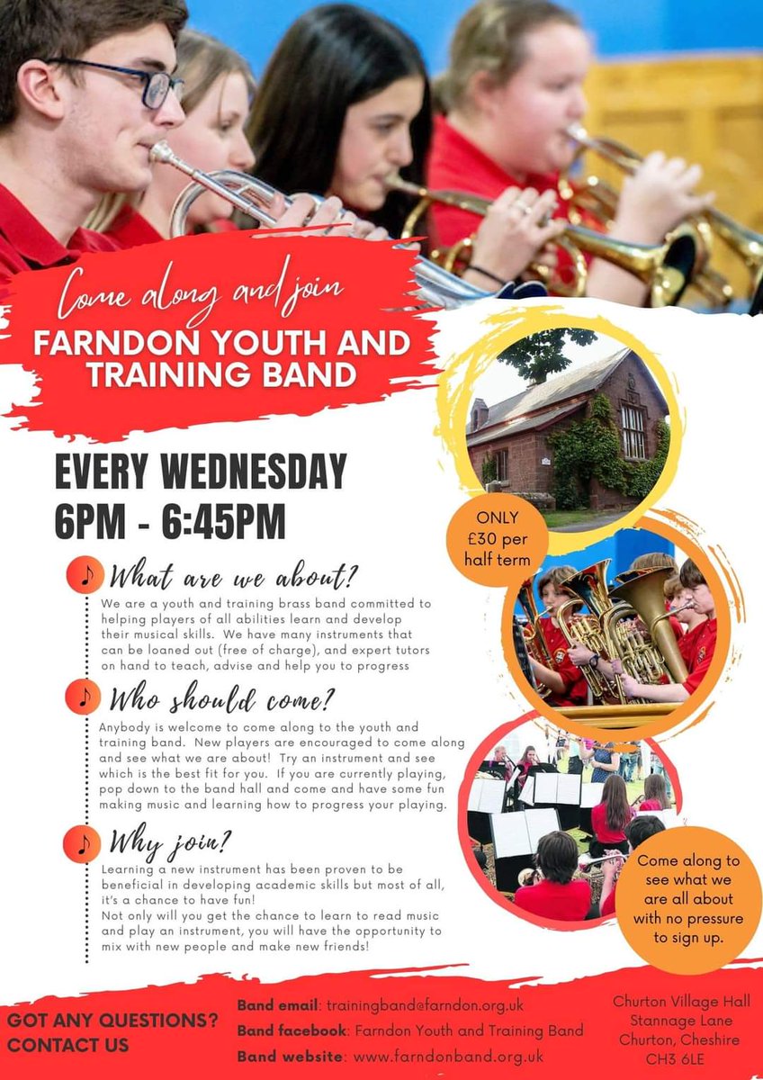 Come along to Farndon Youth and Training Band. We are a fun and friendly group with a passion for teaching people to play a brass instrument. Whether you have been playing for a while or have no experience at all, we would love to help you develop your musical skills.