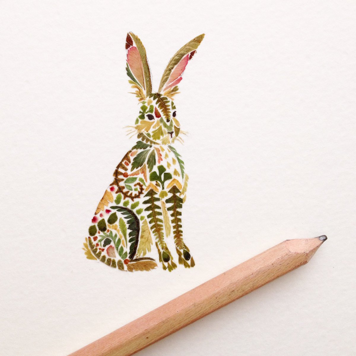 Hare made from the smallest pressed fern fronds. Pencil for scale