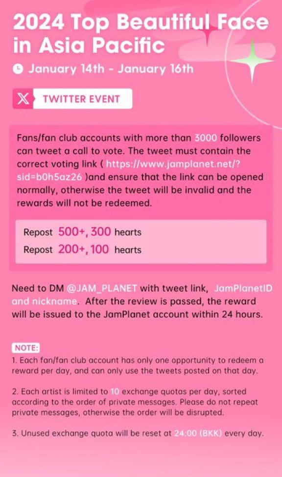 💫 JAMPLANET TWITTER EVENT 💫 [15.01.24 ~ Day 2]
2024 Top Beautiful Face in Asia Pacific

RT and QRT this post to claim tickets for the event 💙

🎯 500 RT  = 300 hearts

Vote for #BuildJakapan!

🔗 jamplanet.net/?sid=b0h5az26

#BuildJakapan @JakeB4rever
#Beyourluve #ชมรมคนตาสระอิ