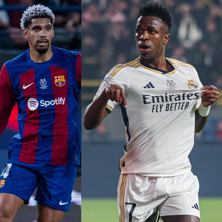 InvictosSomos's tweet photo. Xavi volvió a habilitar a Ronald Araujo como lateral para tratar de controlar a Vinicius Júnior. ¿Cómo terminó la historia? El brasileño marcó HAT-TRICK, ganó un penal y provocó la expulsión (doble amarilla) del defensor uruguayo. El brasileño destrozó al capitán del FC Barcelona. VINI BAILÓ.