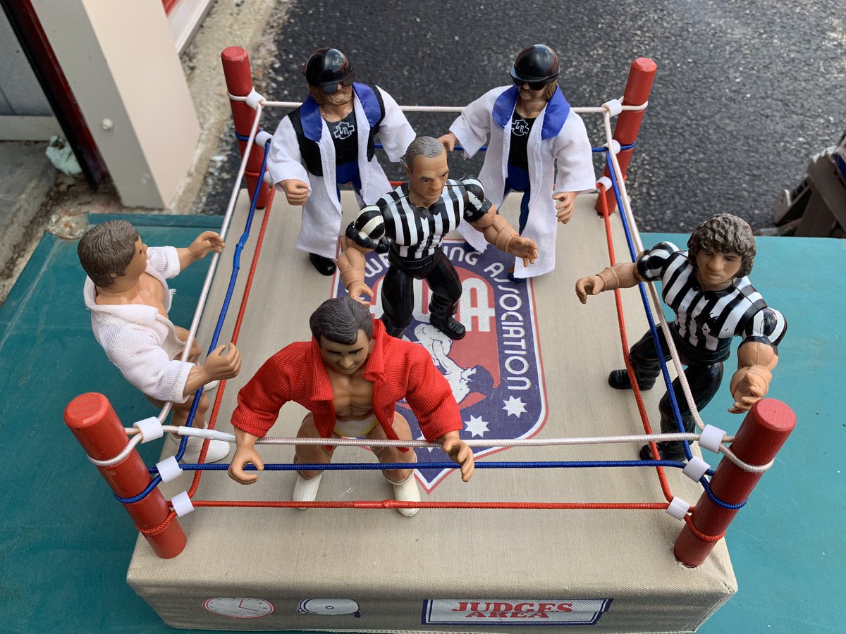 RayJohnsonDJ's tweet photo. @MajorWFPod My favorite is definitely my AWA Remco collection. I have way more than what’s pictured. I remember being in my backyard all day. I remember one time the weather went from sun to rain in minutes during my Flair/Martel main event and I would not go inside until the match was over. https://t.co/isiTzAgKeg