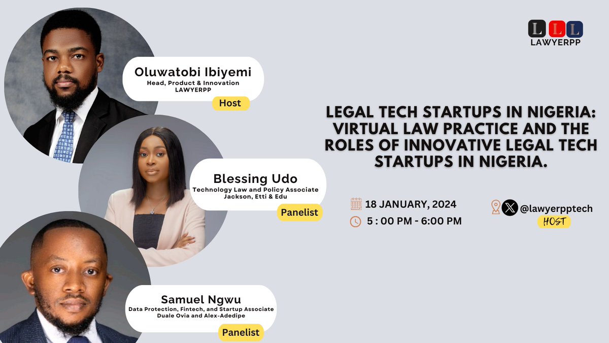 Unveiling the Future: Join us for a dynamic panel session on 'Legal Tech Startups in Nigeria.' 🚀💼 Explore the realm of virtual law practice and discover the pivotal roles played by innovative legal tech startups in reshaping Nigeria's legal landscape. 🌐⚖️ Don't miss out on