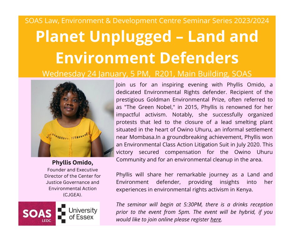 Join us on Wed 24 Jan from 5pm for a special evening with Phyllis Omido, Kenyan environmental rights defender and winner of the 2015 Goldman Prize (aka 'Green Nobel'). This event is hybrid, if you wish to join online, plz register: shorturl.at/wxD89