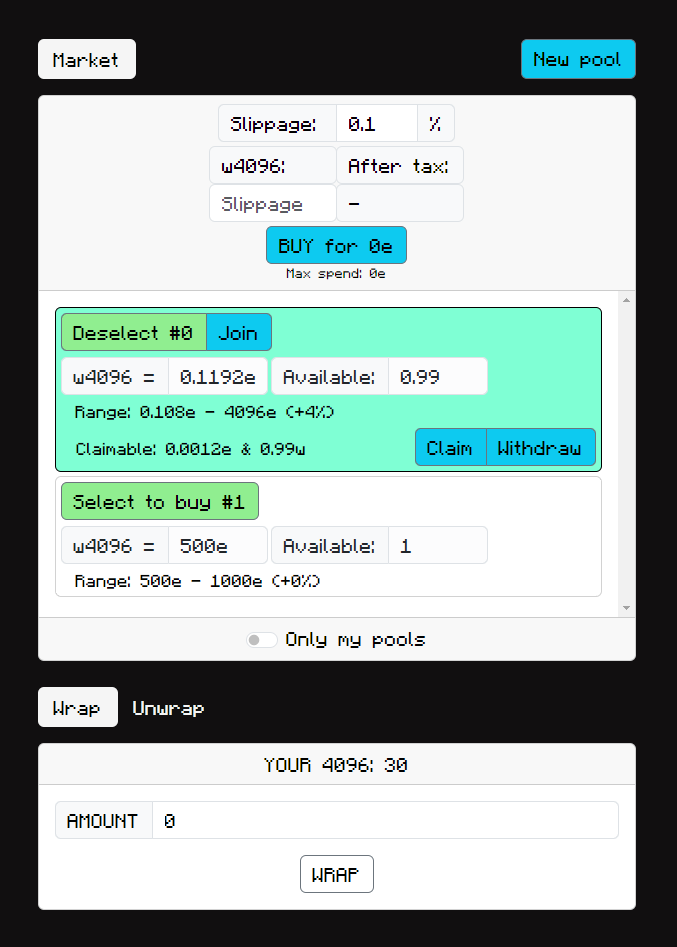 w4096 is live at app.4096.cash!
A special discounted pool will be created at a random time in the future, so keep an eye on the app 👀

You can wrap/unwrap, create/join/buy pools.
Pool price follows the original 4096 price within the boundaries that are set in the pool