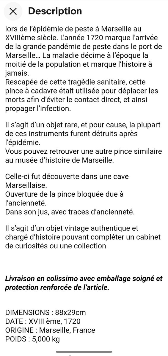 DavidLaMars's tweet photo. "Découverte dans une cave marseillaise", cette pince à cadavres de la peste de 1720, et qui a toute sa place dans un musée, se retrouve en vente sur eBay. Livrée en Colissimo. 😵‍💫
https://t.co/HhE3z3Pxwl
#Marseille #patrimoine #Peste https://t.co/LRZWBxUALl