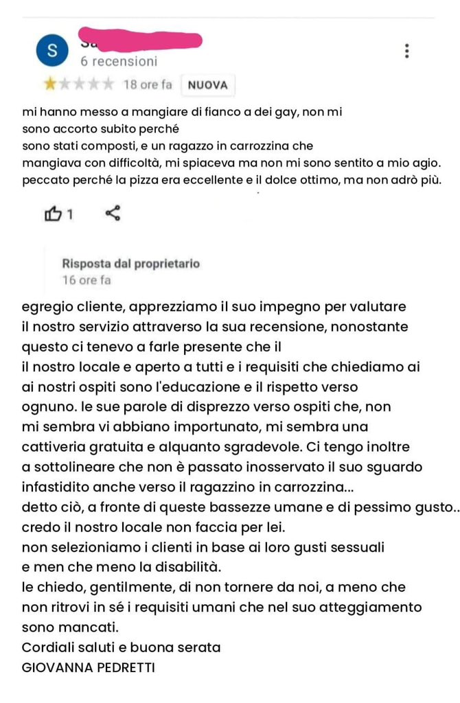 AngeloBonelli1's tweet photo. Giovanna Pedretti è stata trovata morta. Aveva risposto in modo civile a chi si lamentava perché nella sua pizzeria c’erano gay e disabili. Per
giorni e’ stata sottoposta ad una gogna mediatica !!! Che orrore e che vergogna !

https://t.co/HEtjqVqmYF https://t.co/KmoNYg0T3o