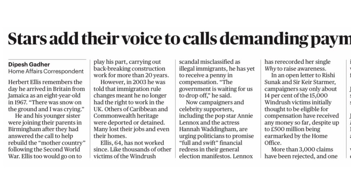 colinmcfarlane's tweet photo. ⭐️Excellent article by @DipeshGadher in @thetimes today👏🏽⭐️

My father’s generation gave this country so much when it was on its knees. We owe them. It’s time for justice. It’s time to put it right. Join our movement @J4Windrush #windrush Thank you 🙏🏽 😌 https://t.co/ZjikIA0vbK