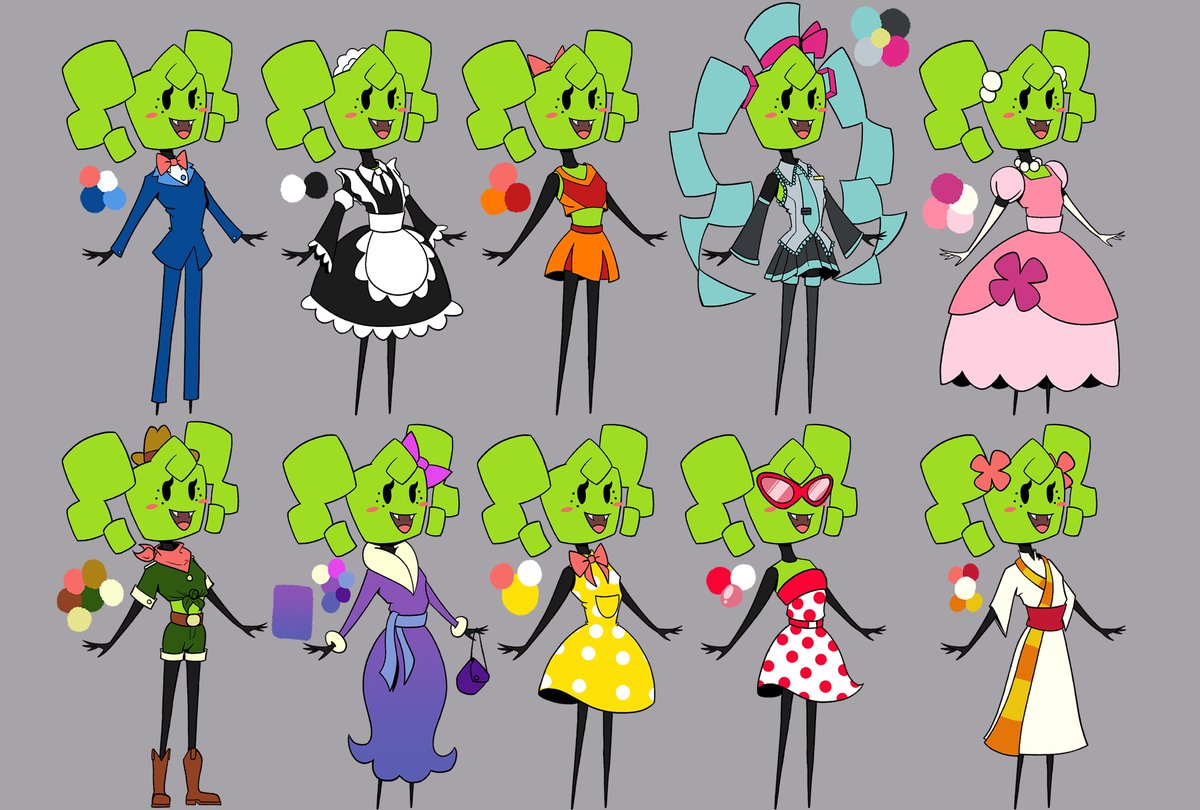 LokiOValeska's tweet photo. I draw some designs for Mimi's alternate outfits. 
I find it really fun that she has 10 unique fits throughout the game. https://t.co/BIERygHaa3