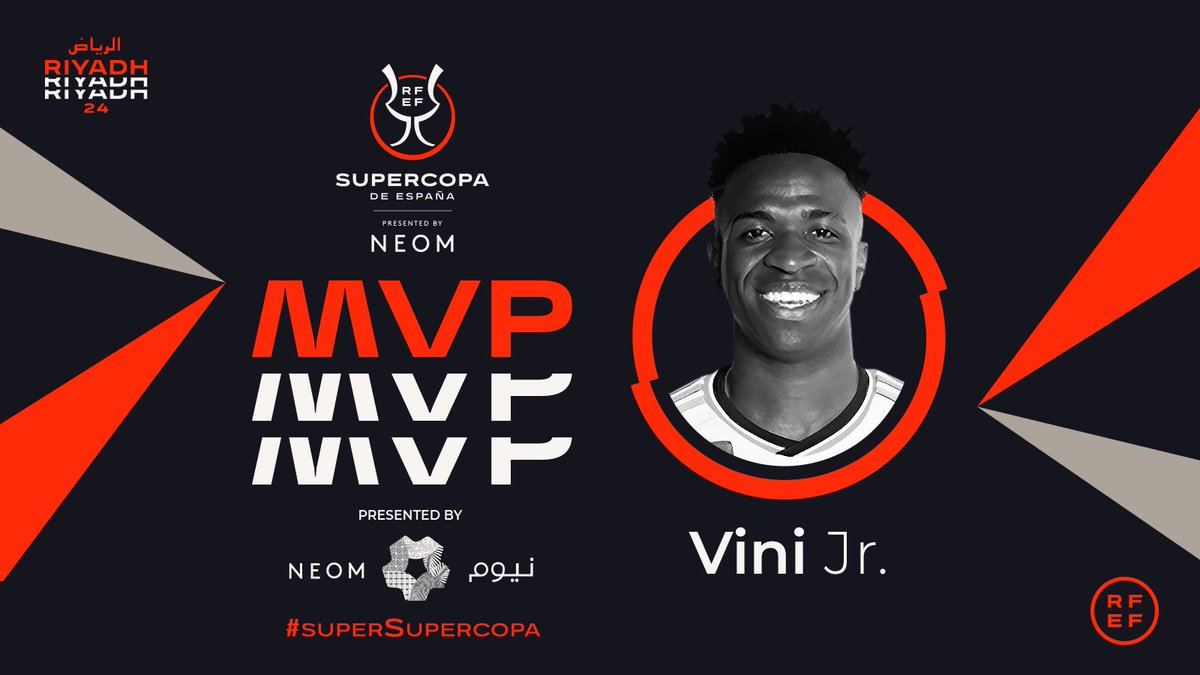 rfef's tweet photo. 👏 ¡Enhorabuena, @vinijr!

🔝¡𝗘𝗟 𝗠𝗩𝗣 𝗗𝗘 𝗟𝗔 𝗙𝗜𝗡𝗔𝗟 𝗘𝗦 𝗧𝗨𝗬𝗢! 🔝

🏆 ¡Tu 𝗘𝗦𝗣𝗘𝗖𝗧𝗔𝗖𝗨𝗟𝗔𝗥 𝗛𝗔𝗧-𝗧𝗥𝗜𝗖𝗞 ya forma parte de la historia de la #superSupercopa!

(Yasser Al Misehal entregará el premio al jugador del @realmadrid) https://t.co/twTjSSRn6q