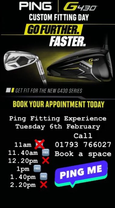 3 spaces left in our @PINGTourEurope Fitting experience, call 01793 766027 to book on before it gets full. 
#ping #pingg430 #g430 #fittingdays #golfdays #betterfit #golffitting #swindongolf #wiltshiregolf