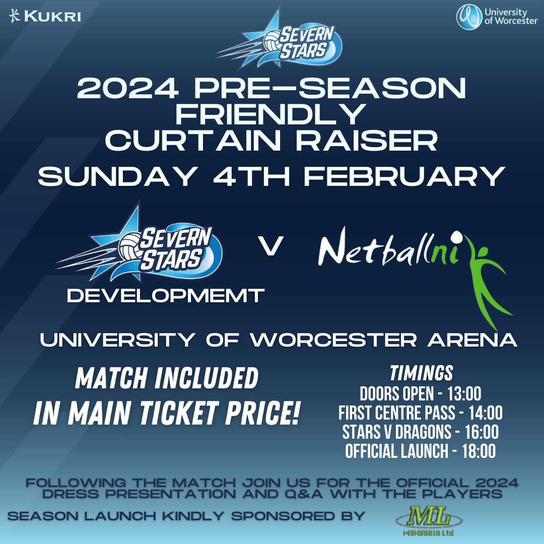 Just 3 weeks until we are back home for our Pre-Season friendly vs @cardiffdragons_ 🤩 We are excited to be welcoming @netballni to Worcester to play our Severn Stars development squad in the curtain raiser (included in ticket price)🌟 Tickets 👉 bit.ly/2INrTGM