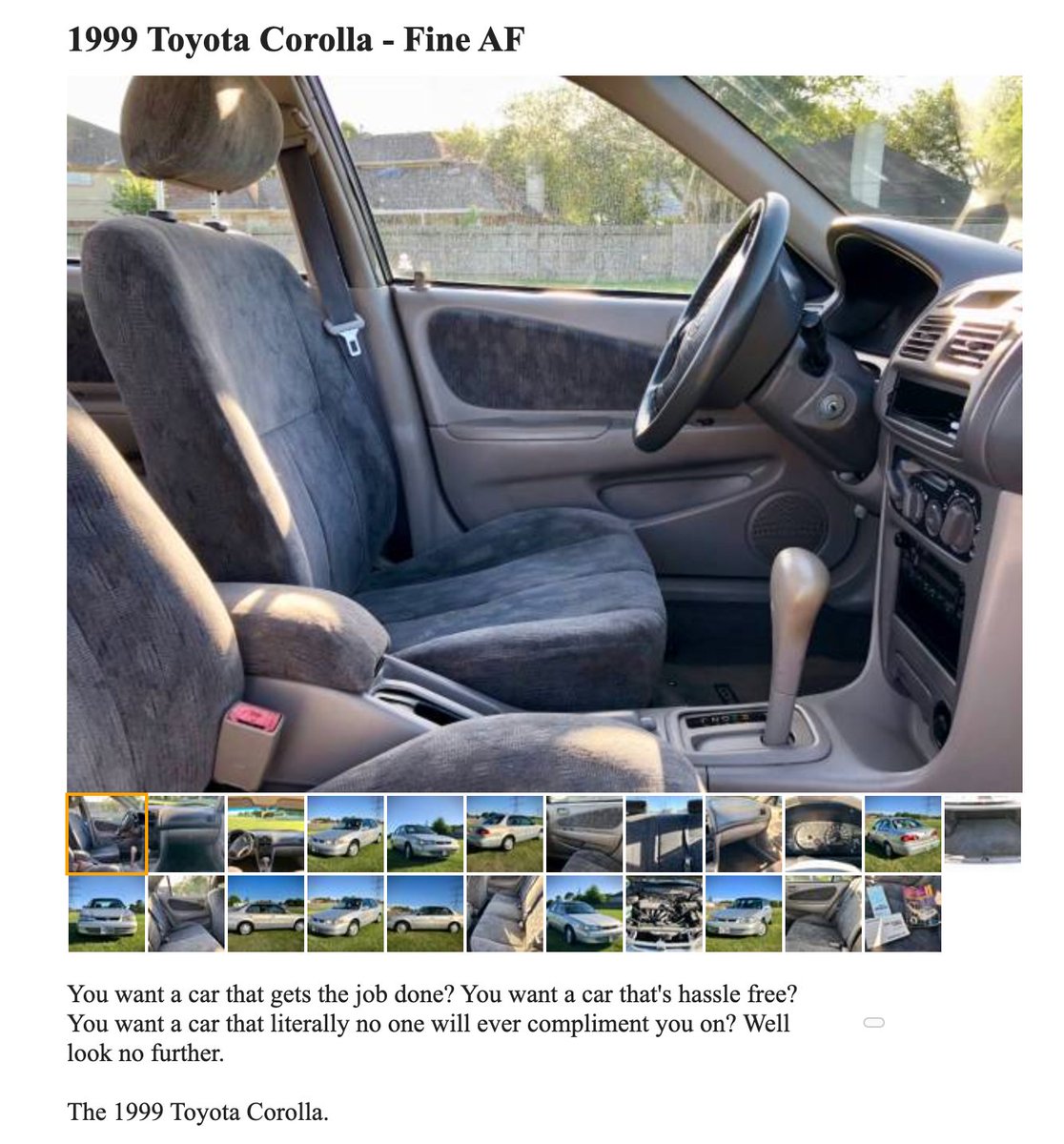 asanwal's tweet photo. Want to write great copy?

Study this

"1999 Toyota Corolla - Fine AF"

Absolute masterclass

Just read it

Thank me later https://t.co/99vmEhBfYA