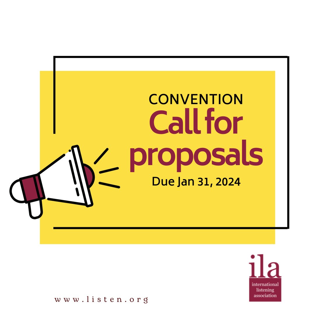 Present your Listening research at the 45th Annual <a href="/IntListening/">International Listening Association</a> (ILA) Convention:  ‘Sustaining Best Listening Practices’. Proposals by Jan 31, 2024: All welcome. June 12-16, 2024; Crowne Plaza Aire, Bloomington, Minnesota, USA listen.org/45th-Annual-IL…