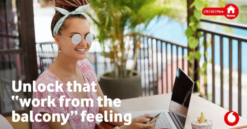 Vodacom's tweet photo. Bring your remote working into the future with strong and reliable Vodacom Home Internet. 🏠💻
Make any spot in the house your home office for the day. 😎🌴 #UnlockYourSummer