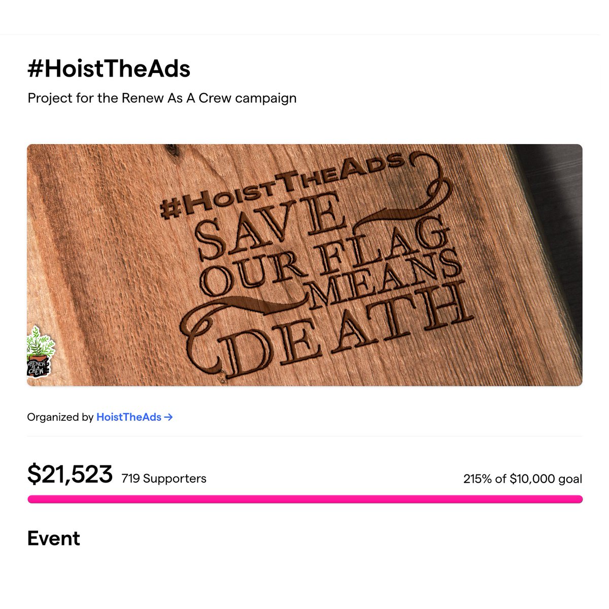 CONGRATULATIONS CREW! In just 40 minutes of posting the #HoistTheAds initiative, we raised $10,000. The total is now over $20,000. Your generosity and love for #OurFlagMeansDeath have made this achievement possible.

Now that we've surpassed our initial goal, let's look ahead.