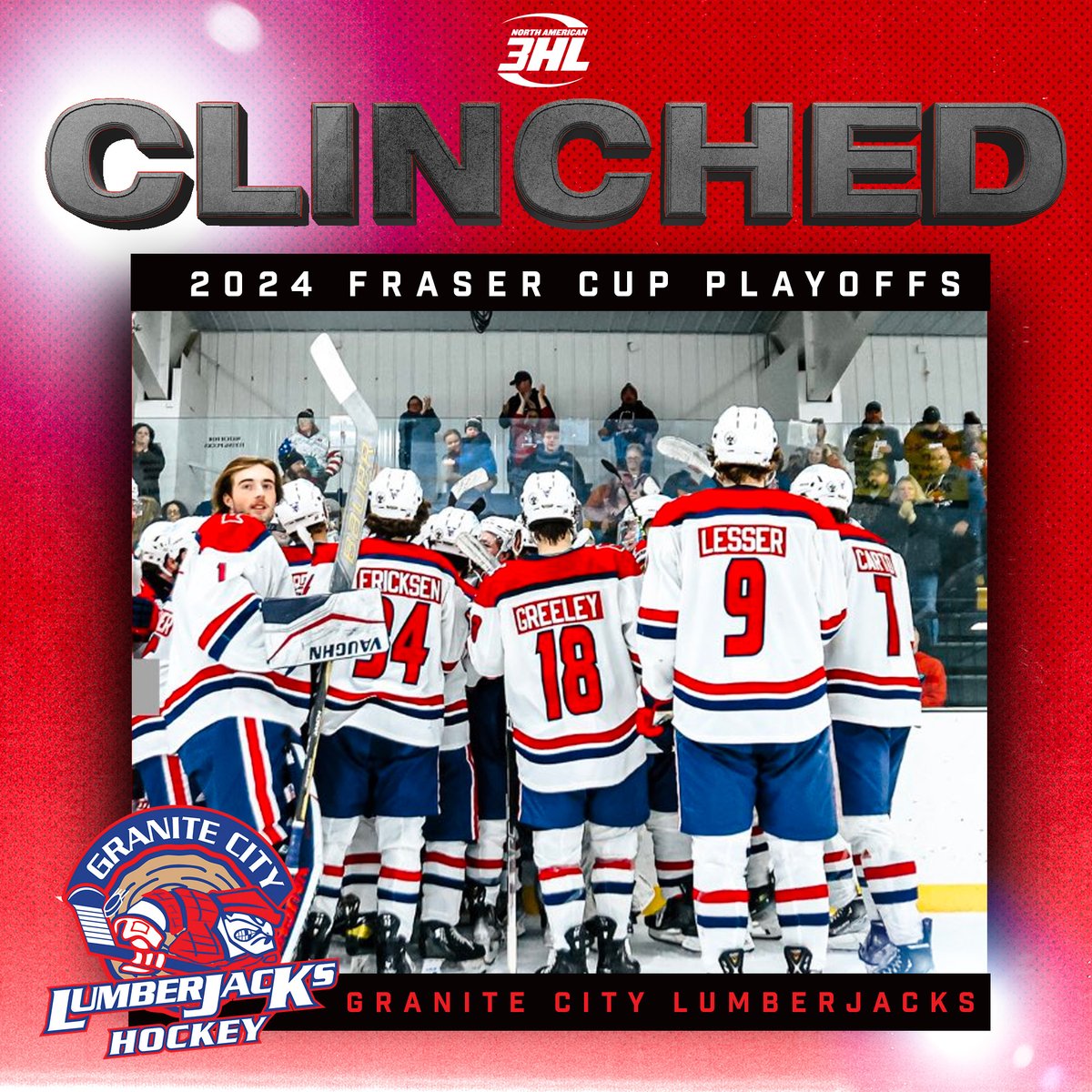 NA3HL's tweet photo. 𝑪𝑳𝑰𝑵𝑪𝑯𝑬𝑫
The Defending Champion Granite City Lumberjacks have punched their 🎟️ to the 2024 Fraser Cup Playoffs! https://t.co/xnxG84LtH2
