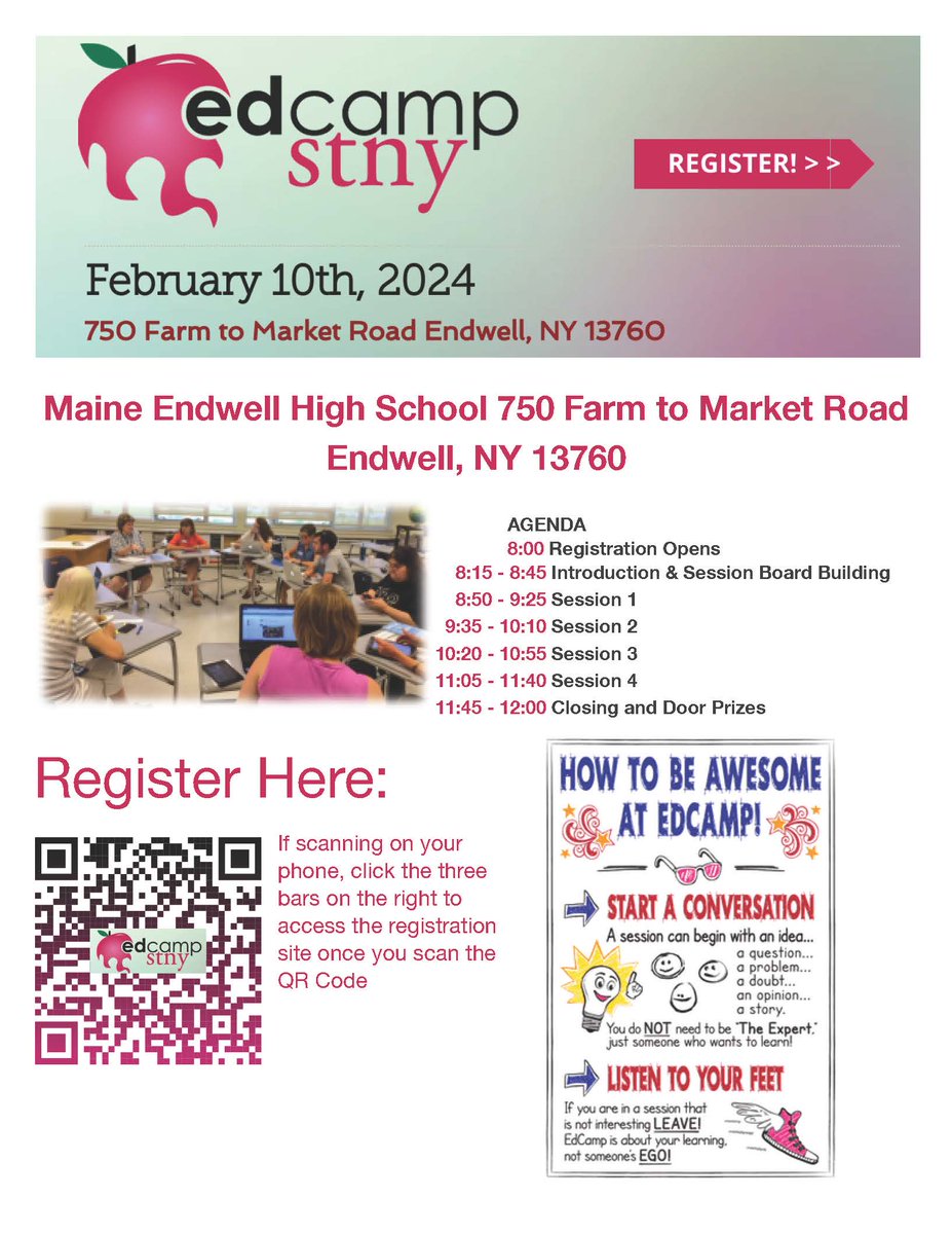 Join me on 2/10/24 for @EdCampSTNY! Scan the QR code to register! Thank you, @MrsMurat for all of your work to make this happen! @SAANYS @NYSchoolSupts @AvaBaranyk @CaseyJ_edu @Kevin_Richman @livdennison @MaryMaraski @kbullock13 @NWaskieLaura @kellyzim17 @BobMackey1