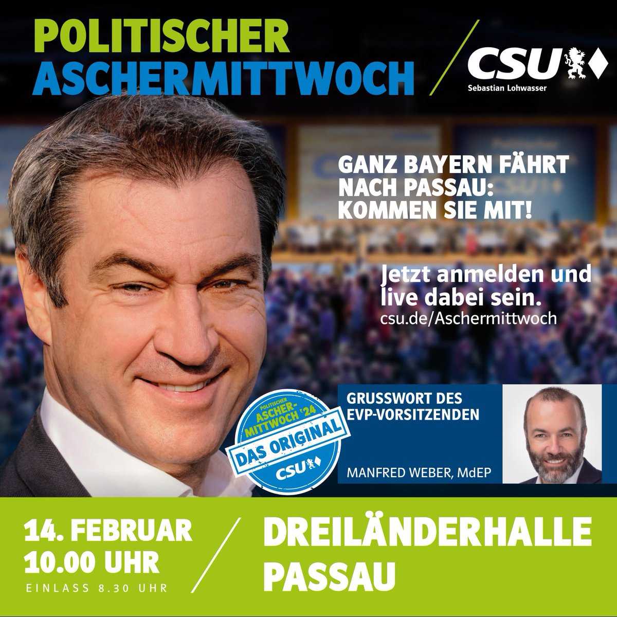 sebastian_lwsr's tweet photo. Am 14.02.2024 schaut Deutschland wieder nach #Passau. Das Land schaut auf den größten Stammtisch der Welt. Der Politische #Aschermittwoch der #CSU steigt wieder in der Dreiländerhalle in Passau.
#pam24 #soeder #bayern https://t.co/N4OXOHWERp