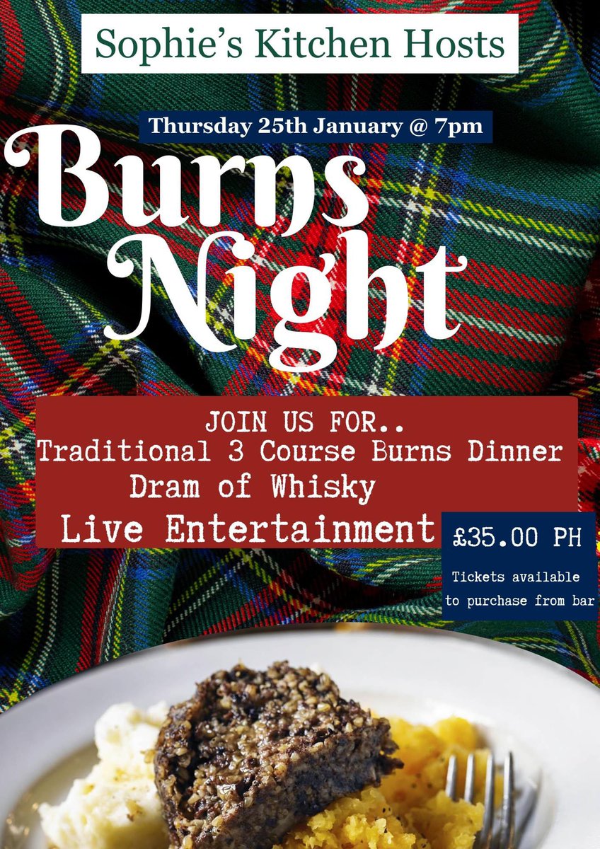 Horsham Sports Club (@horshamsports) on Twitter photo January Blues? Want something to look forward to? Join us for a traditional Burns Night Supper hosted by <a href="/sophieskitchen_/">Sophie's Kitchen Sussex</a>
Thurs 25 Jan, 7pm
Includes 3 course meal, dram of Whisky, authentic Scottish Piper & live entertainment. £35 pp.
Tickets from HSC.
#burnsnight2024 January Blues? Want something to look forward to? Join us for a traditional Burns Night Supper hosted by <a href="/sophieskitchen_/">Sophie's Kitchen Sussex</a>
Thurs 25 Jan, 7pm
Includes 3 course meal, dram of Whisky, authentic Scottish Piper & live entertainment. £35 pp.
Tickets from HSC.
#burnsnight2024