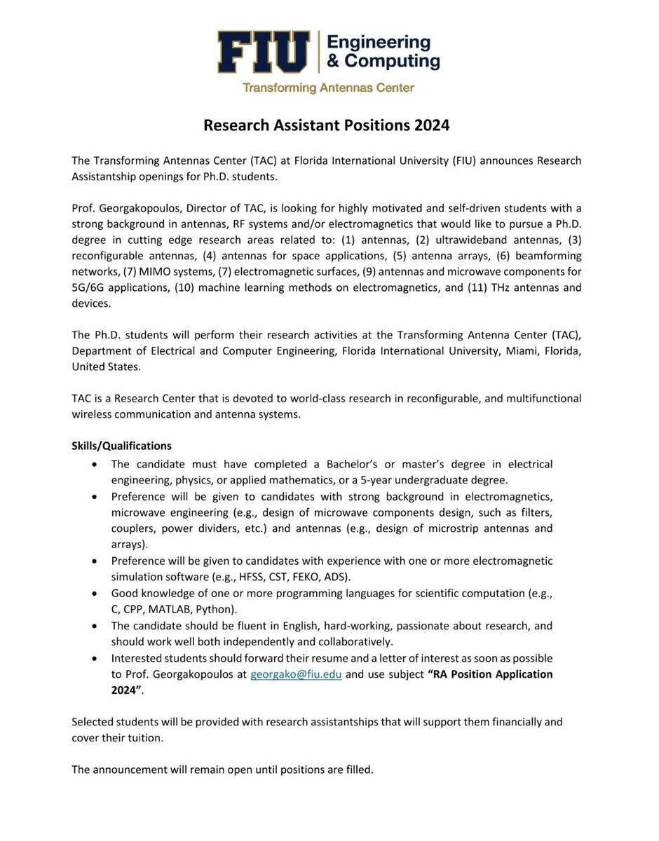 'Multiple Fully Funded Research Assistantship Positions available at the Florida International University, Department of Engineering & Computing, 🇺🇸

The Electromagnetics Laboratory (EMLab) at Florida International University (FIU) announces Research Assistantship openings for…