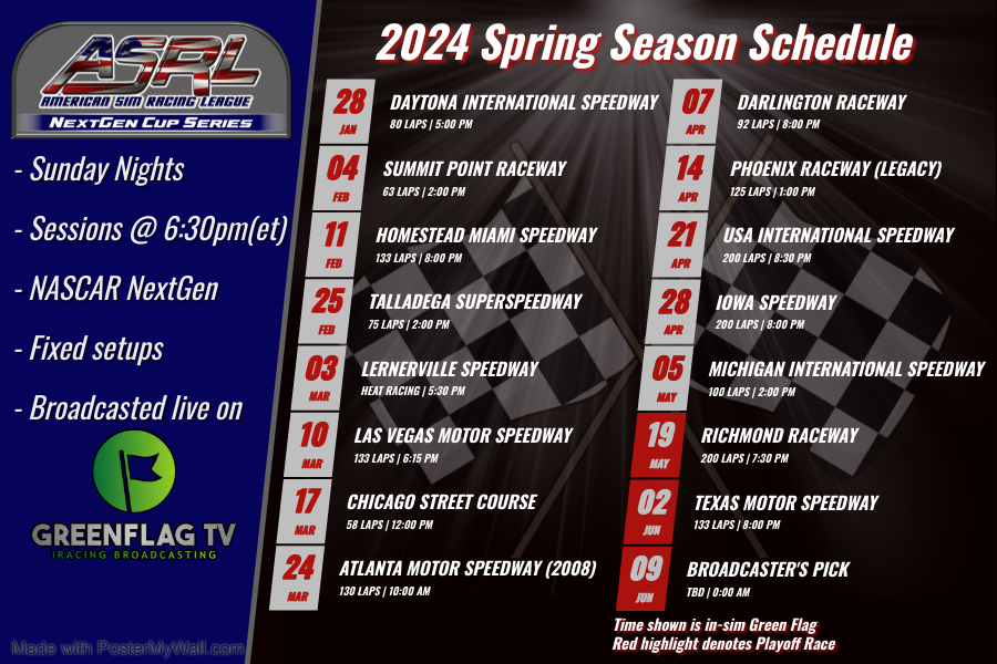 Tonight at 6pm(et) ASRL will be hosting a recruitment race for our upcoming NASCAR NextGen season! The race will be at Charlotte! The session will be in iRacing Hosted and open to everyone! So if you would like to check out what ASRL is all about, please come join us!