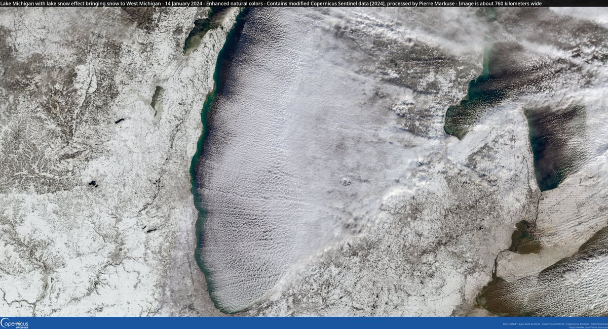 Pierre_Markuse's tweet photo. π΅ Lake Michigan with #lakesnoweffect bringing snow to West #Michigan, #USAπΊπΈ - 14 January 2024 #CopernicusπͺπΊ #Sentinel-3π°οΈ Full-size βΆοΈ https://t.co/ye1GZKO1zo #OpenData Image is about 760 km wide π’ Try the free new #CopernicusBrowser here βΆοΈ https://t.co/xBZwc83oxo https://t.co/kLX3O5ldAi