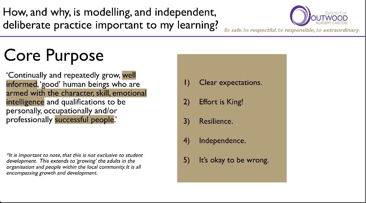 OACarlton's tweet image. This week's assemblies for Y7-10 (Y11 next week), explore the significance of modelling, & independent deliberate practice.
Following our recent CPD, it's vital students understand WHY & HOW this helps them to learn.
#TransformativeTeaching
#Effort
#Resilience
#Independence