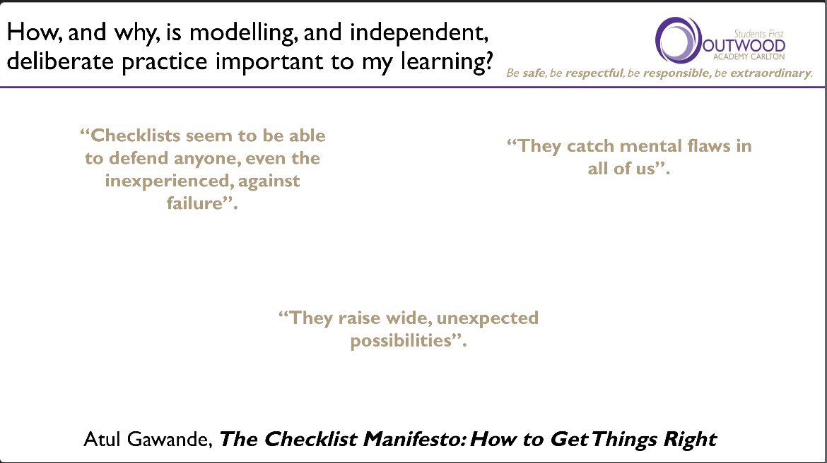 OACarlton's tweet image. This week's assemblies for Y7-10 (Y11 next week), explore the significance of modelling, & independent deliberate practice.
Following our recent CPD, it's vital students understand WHY & HOW this helps them to learn.
#TransformativeTeaching
#Effort
#Resilience
#Independence