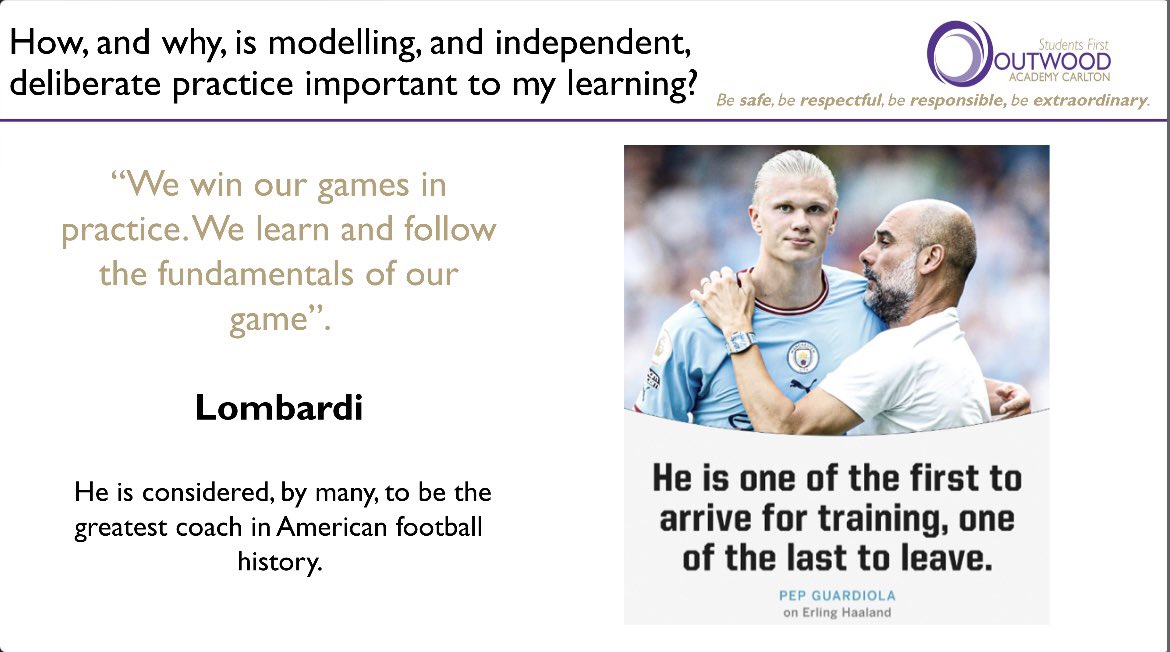 OACarlton's tweet image. This week's assemblies for Y7-10 (Y11 next week), explore the significance of modelling, & independent deliberate practice.
Following our recent CPD, it's vital students understand WHY & HOW this helps them to learn.
#TransformativeTeaching
#Effort
#Resilience
#Independence