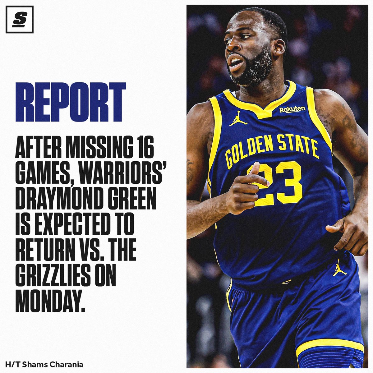 theScore's tweet photo. Draymond Green is expected to return from his suspension tomorrow night vs. the Grizzlies. 👀 https://t.co/Jun0H6S00G