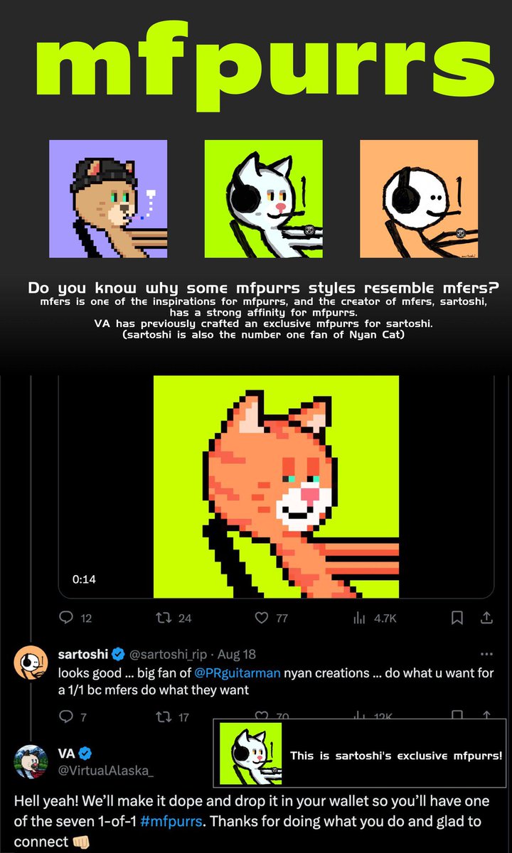 aft3rpartyeth_'s tweet photo. ๐โโฌ๐๐๐๐๐๐๐๐๐๐๐๐๐
Some information on @mfpurrs for all the noobs coming into the #Ethscriptions ecosystem โ
โขFounder: @VirtualAlaska_
โขArtistโs: @arianamanavi x @PRguitarman ๐โโฌ๐
โขMarket: @ordex_io โ
https://t.co/miAECed0Nu
#mfpurrs #mfers #OnChainArtifacts https://t.co/p405ULhWZX