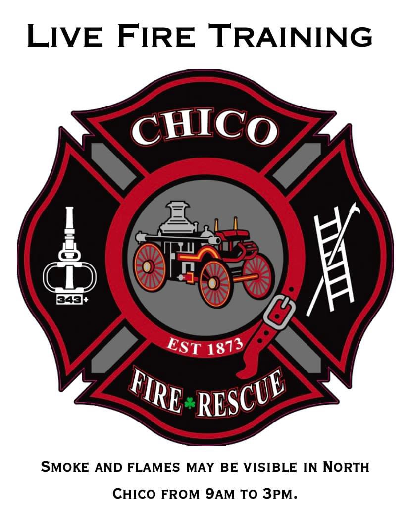 ChicoFD's tweet image. Live fire training evolutions will be conducted in North Chico tomorrow. Smoke and flames may be visible along the Esplanade from 9am to 3pm. #ChicoFD #ChicoFirefighters