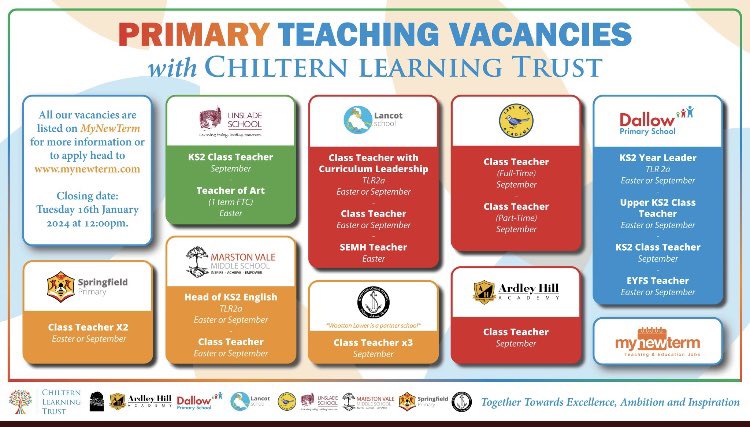 Primary teacher vacancies in our wonderful schools! Deadline is Tuesday. Go to <a href="/mynewterm/">MyNewTerm</a> now! You won’t regret it. <a href="/ArdleyHill/">Ardley Hill Academy | Dunstable</a> <a href="/larkriseacademy/">Lark Rise Academy | Dunstable</a> <a href="/LancotSchool/">Lancot School | Dunstable</a> <a href="/DallowPrimary/">DallowPrimary</a> <a href="/LowerWootton/">Wootton Lower School</a> <a href="/SpringfieldBeds/">Springfield Primary School | Bedford</a> - please RT <a href="/uniofbeds/">uniofbeds</a> <a href="/UoB_teaching/">UoB Teaching Jobs</a> <a href="/HomertonCollege/">Homerton College</a>
