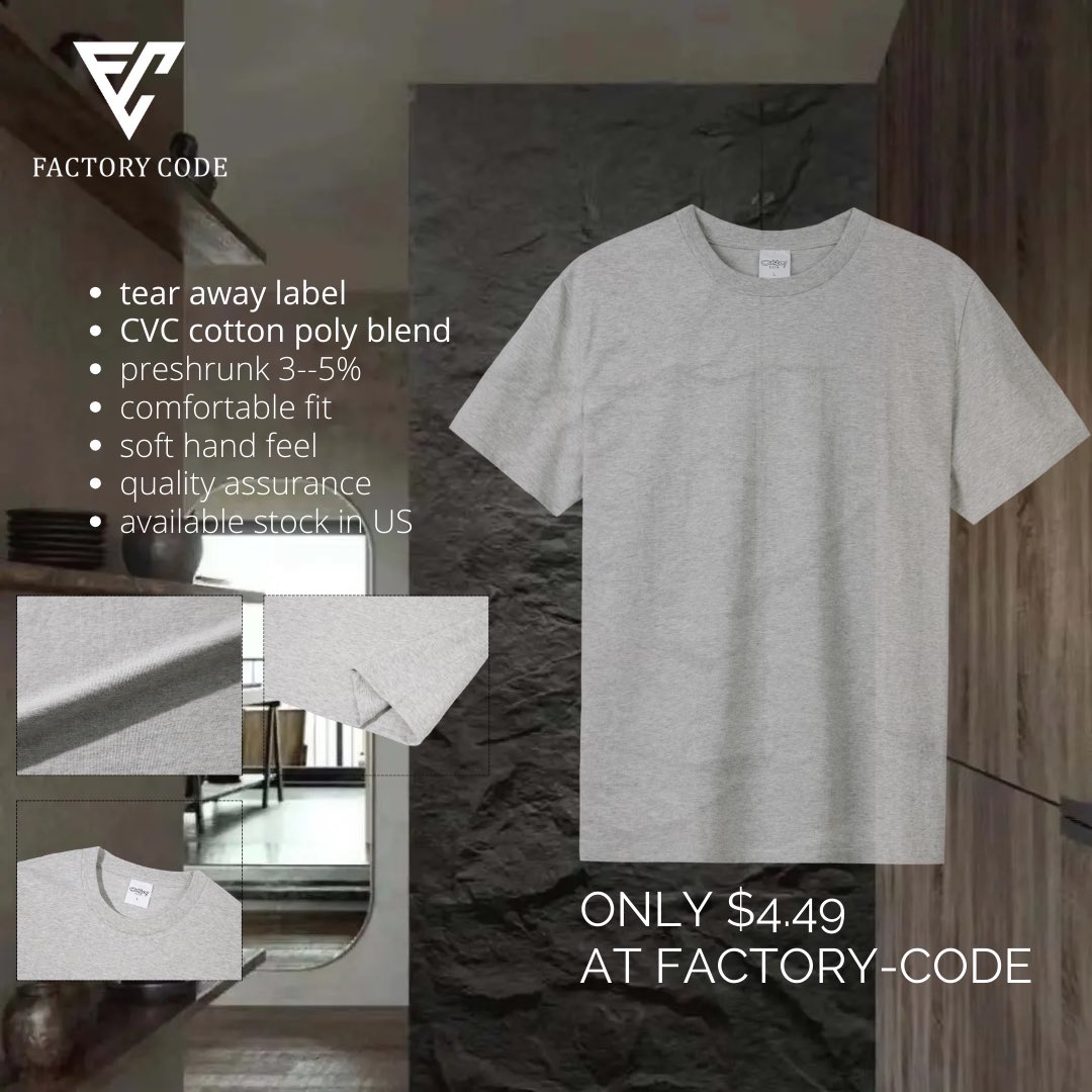 FACTORYCODE1's tweet photo. Experience the perfect fusion of quality and affordability with our premium CVC cotton poly blend tees. Tear-away label for comfort, pre-shrunk for convenience. Get your hands on our soft, durable essentials. Stock up now for just $4.49 each #factorycode https://t.co/GgQ7WejqXv