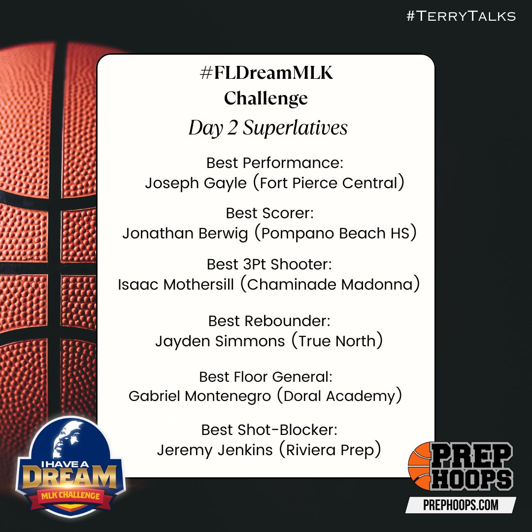 TDrakeBasktball's tweet photo. Check out my Day 2 Superlatives from the #FLDreamMLK Challenge…

#TerryDrakeBasketball #TerryTalks #DreamMLK #FLDreamMLK #PrepHoopsFL @MMcGeeBball @PaulBiancardi @jeremy7jenkins @JonathanBerwig @Isaac2tuff @Jaysimmons207 @FPCentralCobras @Doral_Academy @RivieraPrepMBB https://t.co/FjfEL95BuR