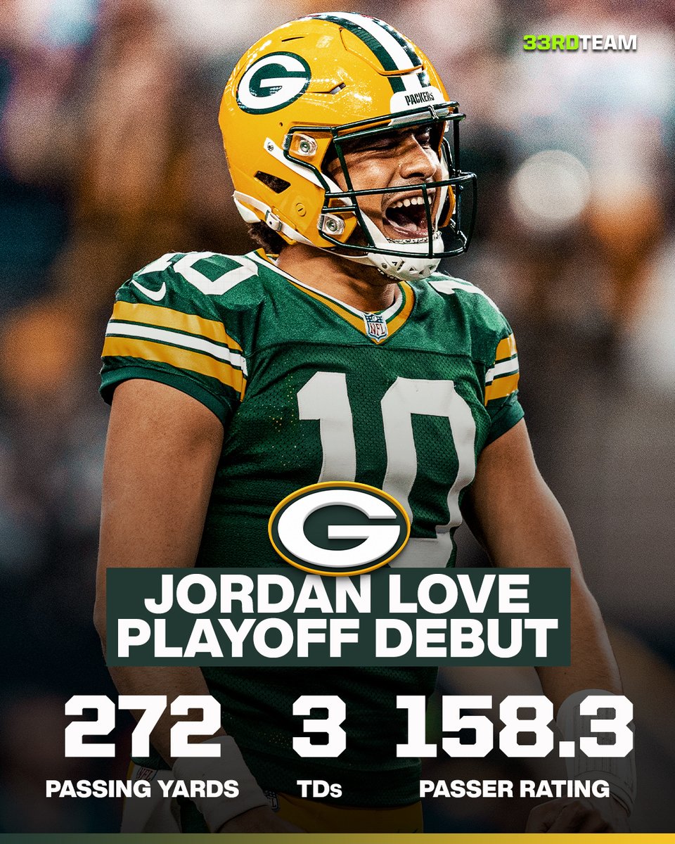 The33rdTeamFB's tweet photo. Jordan Love is the first QB in NFL HISTORY with a perfect passer rating in his playoff debut 😱