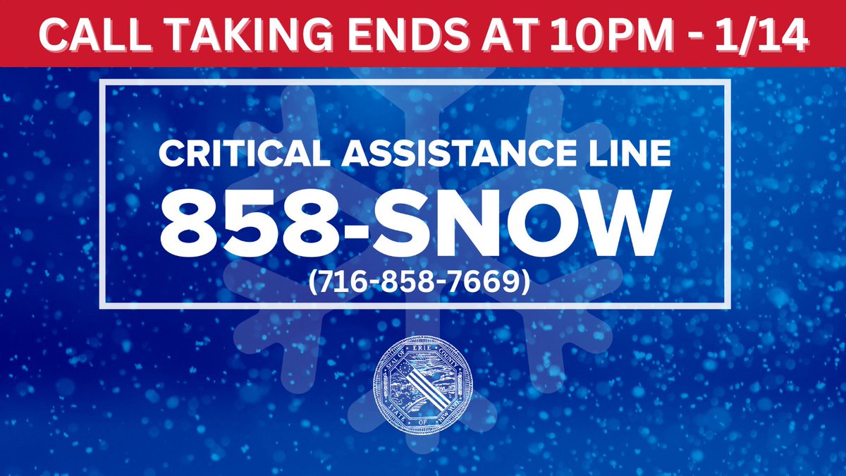 ErieCountyNY's tweet photo. Thank you to everyone who adhered to travel bans and paid attention to information from state, county, and local officials. Because of this, we have had low call volumes and will be closing our 858-SNOW line at 10pm tonight. Stay warm and safe. https://t.co/v6y40GhTUk