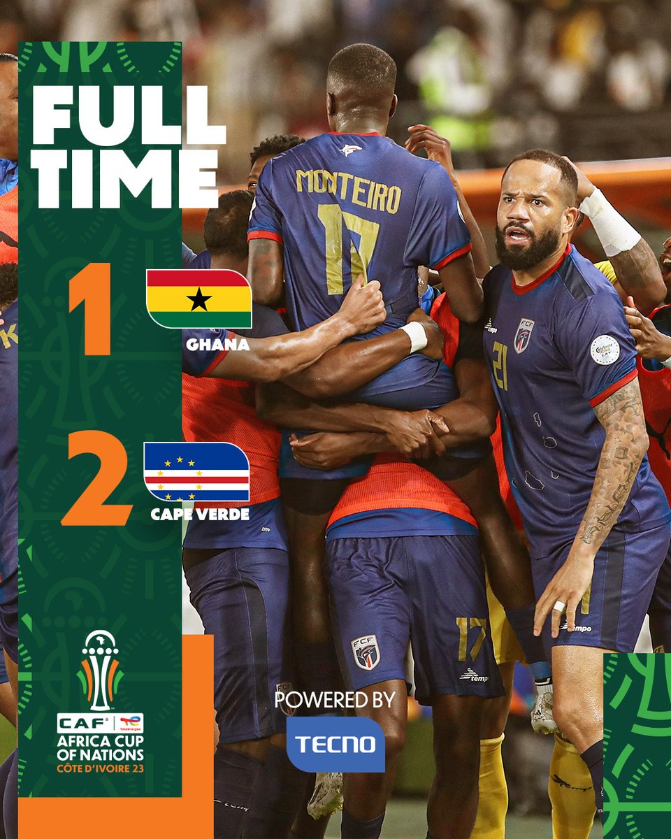 CAF_Online's tweet photo. ⌚ FULL-TIME!

Garry Rodrigues' very late winner means Cape Verde get all 3 points! 🦈🇨🇻 

#GHACPV | #TotalEnergiesAFCON2023 https://t.co/SodUzvIcNC