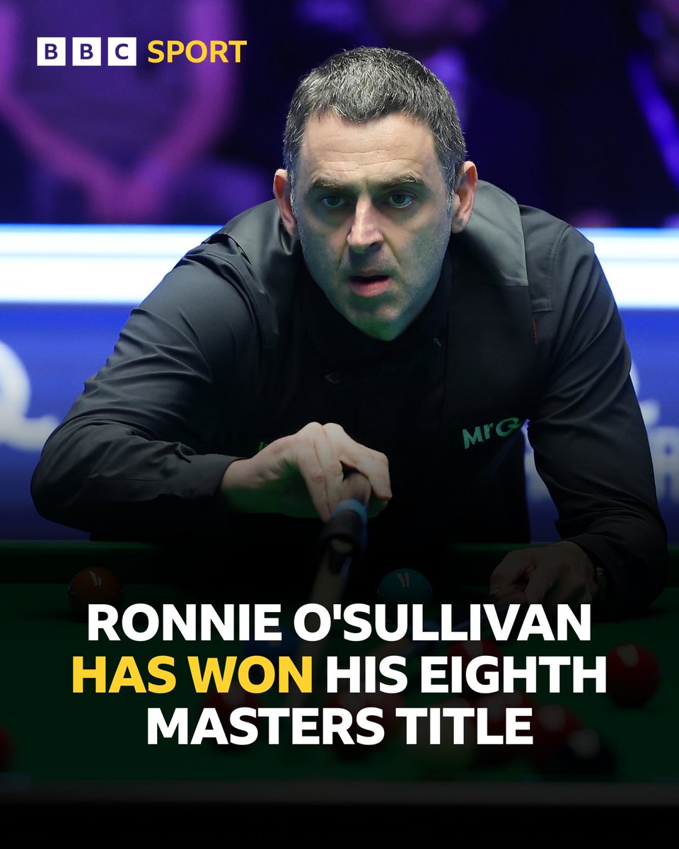 WHAT. A. PERFORMANCE.

🏆🏆🏆🏆🏆🏆🏆🏆
Ronnie O'Sullivan, EIGHT Masters Championships!

Congratulations, Ronnie 🎉

#BBCSnooker