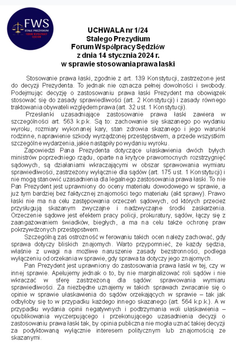 forumfws's tweet image. Uchwała 1/24 Stałego Prezydium FWS z dnia 14 stycznia 2024 r. w sprawie stosowania prawa łaski
forumfws.eu/aktualnosci/20…
